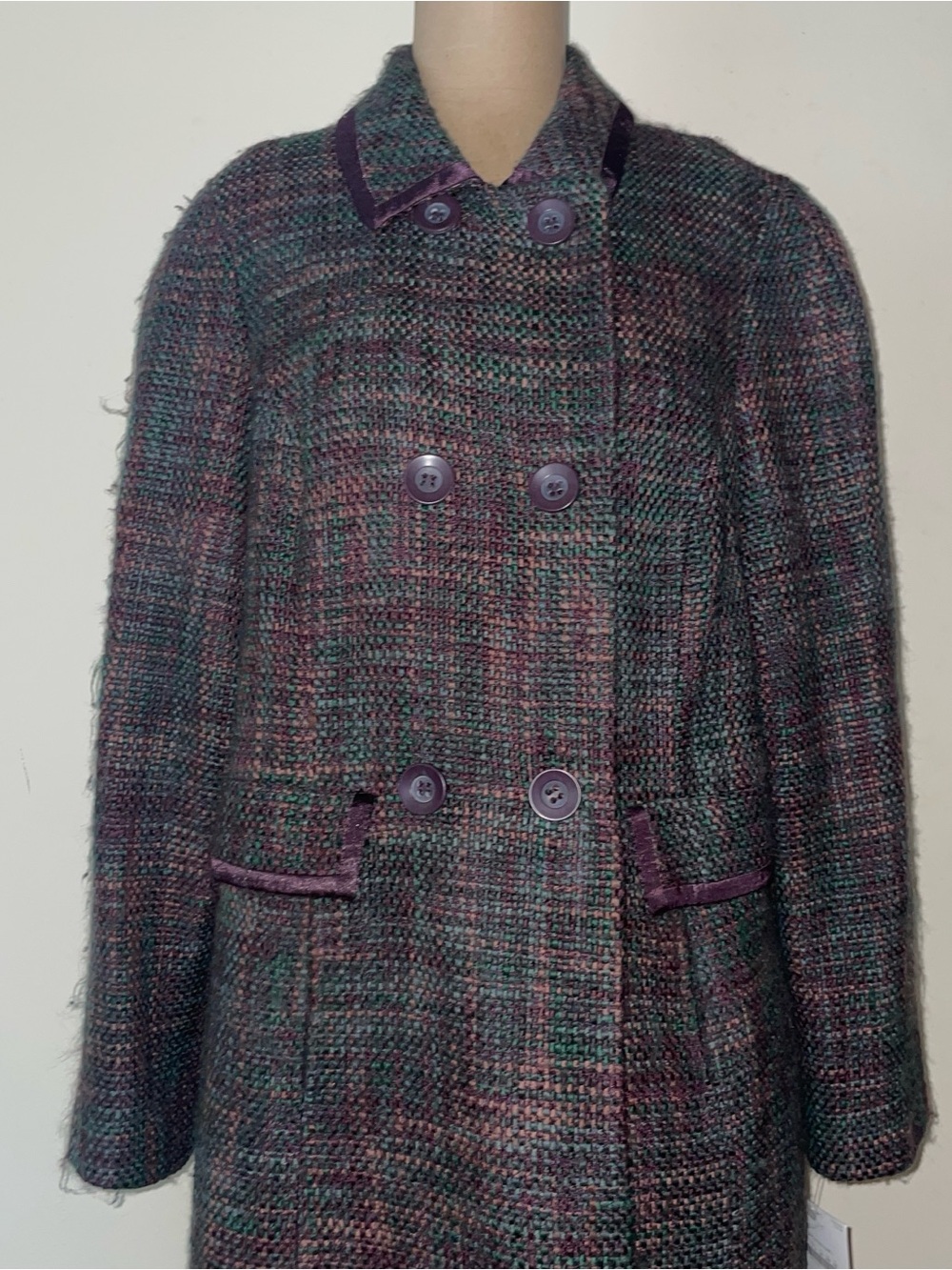 Aeropostale Double-Breasted Tweed Pea Coat in Plum and Teal - Picture 7 of 7